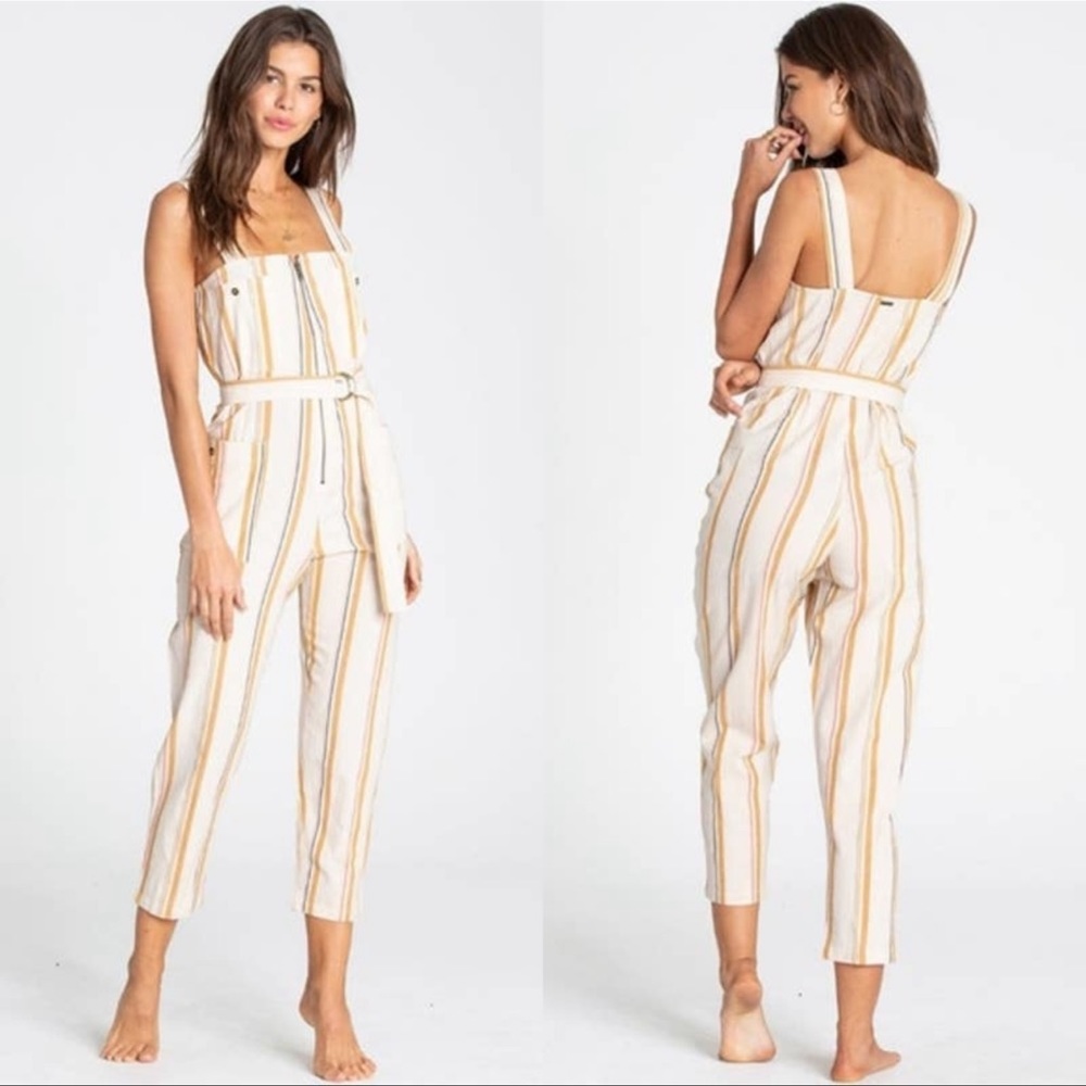 Billabong Striped Linen Jumpsuit in White and Tan - Picture 3 of 11